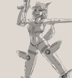 Rule 34 | 1girl, animal ears, anne frank, assault rifle, drawfag, fox ears, fox tail, front-tie top, goggles, goggles around neck, grey background, gun, midriff, monochrome, navel, noccu, open mouth, orange theme, panties, rifle, shirt, simple background, smile, solo, strike witches, striker unit, tail, tied shirt, trigger discipline, underwear, weapon, world witches series