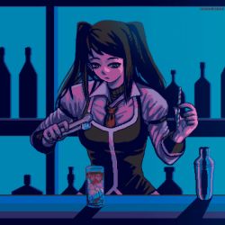 Rule 34 | 1girl, :|, artist name, black hair, black vest, breasts, closed mouth, cocktail glass, collared shirt, commentary, cup, diagonal bangs, drinking glass, english commentary, highres, indoors, isa (insaneisane), jill stingray, juliet sleeves, long hair, long sleeves, looking down, medium breasts, necktie, pixel art, puffy sleeves, red necktie, shirt, sidelocks, twintails, two side up, va-11 hall-a, vest, white shirt