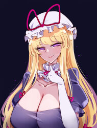 Rule 34 | 1girl, black background, blonde hair, breasts, cleavage, closed mouth, collarbone, dress, elbow gloves, gloves, hat, hat ribbon, highres, large breasts, long hair, mob cap, purple dress, purple eyes, raptor7, red ribbon, ribbon, short sleeves, smile, solo, touhou, upper body, white gloves, white hat, yakumo yukari