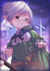 Rule 34 | 1girl, blue eyes, breasts, brown-framed eyewear, castle, collared shirt, commentary request, commission, demimushi, dress, dress shirt, final fantasy, final fantasy xiv, glasses, green dress, grey hair, hair bun, highres, holding, jewelry, lalafell, parted lips, pendant, pince-nez, pixiv commission, pointy ears, puffy short sleeves, puffy sleeves, shirt, short sleeves, skirt hold, small breasts, solo, white shirt