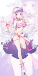 Rule 34 | 1girl, ainy, angel wings, bikini, blue archive, blush, breasts, cleavage, crescent, crescent pin, feathered wings, food, halo, highres, holding, large breasts, long hair, looking at viewer, mika (blue archive), navel, open mouth, parfait, pink bikini, pink hair, pink halo, roller skates, skates, smile, solo, swimsuit, thigh strap, twitter username, white footwear, white wings, wings, yellow eyes, zoom layer