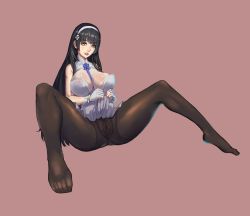 Rule 34 | 1girl, absurdres, ass, black hair, breasts, censored, feet, female focus, fingerless gloves, girls&#039; frontline, gloves, hairband, highres, jin yi dui, large breasts, lips, long hair, looking at viewer, no bra, no panties, no shoes, pantyhose, pussy, type 95 (girls&#039; frontline), see-through, skirt, spread legs, thighs, toes, yellow eyes