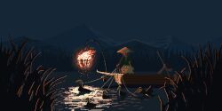 Rule 34 | 2others, bird, boat, cormorant, duck, hat, highres, lantern, lure, mountain, mountainous horizon, multiple others, night, night sky, original, outdoors, pixel art, reeds, rice hat, rope, rowing, scenery, sky, standing, tonbo (abcm25ne), water, watercraft