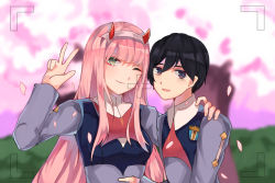 Rule 34 | 10s, 1boy, 1girl, bai li ji yun, black hair, blue eyes, breasts, cherry blossoms, commentary request, couple, darling in the franxx, fringe trim, green eyes, hair ornament, hairband, hand on another&#039;s shoulder, hand on another&#039;s stomach, hetero, highres, hiro (darling in the franxx), horns, long hair, long sleeves, looking at viewer, medium breasts, military, military uniform, necktie, one eye closed, oni horns, petals, pink hair, red horns, red neckwear, short hair, tree, uniform, v, white hairband, zero two (darling in the franxx)