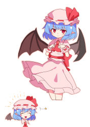 Rule 34 | 1girl, :d, ^ ^, absurdres, ascot, back bow, bat wings, blue hair, blush, blush stickers, bow, brooch, closed eyes, closed mouth, collared shirt, commentary, cropped legs, frilled shirt, frilled skirt, frilled sleeves, frills, hands up, hat, hat ribbon, highres, jewelry, looking at viewer, mob cap, multiple views, nihohohi, open mouth, pink shirt, pink skirt, pointy ears, puffy short sleeves, puffy sleeves, red ascot, red bow, red eyes, red ribbon, remilia scarlet, ribbon, sash, shirt, short hair, short sleeves, simple background, skirt, skirt set, smile, standing, star (symbol), touhou, translation request, v-shaped eyebrows, white background, wings, wrist cuffs