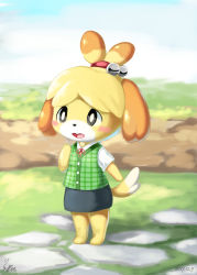 Rule 34 | 1girl, animal crossing, animal ears, artist name, barefoot, bell, black eyes, blonde hair, blue skirt, blue sky, blush stickers, chibi, cloud, cobblestone, dated, day, dog ears, dog girl, dog tail, female focus, full body, furry, furry female, grass, green vest, hair bell, hair ornament, hair tie, hand up, happy, highres, isabelle (animal crossing), jingle bell, looking up, neck ribbon, nintendo, no humans, open mouth, outdoors, red ribbon, ribbon, ryuma210, shirt, short hair, short sleeves, signature, skirt, sky, smile, solo, standing, tail, teeth, topknot, vest, white shirt