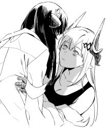 Rule 34 | 2girls, animal ears, arknights, bare shoulders, carrying, cat ears, cat girl, closed mouth, demon girl, demon horns, elite ii (arknights), folinic (arknights), greyscale, hair ornament, hairclip, hands on another&#039;s hips, horns, long hair, looking up, monochrome, mudrock (arknights), mudrock (elite ii) (arknights), multiple girls, off shoulder, pointy ears, since2019, tank top