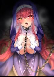 Rule 34 | 1girl, blush, breast curtain, breasts, chain, chain leash, cleavage, cross, from above, habit, heavy breathing, heterochromia, highres, hololive, houshou marine, houshou marine (nun), huge breasts, kneeling, leash, long hair, looking at viewer, nun, open mouth, own hands together, red eyes, red hair, saliva, solo, sweat, tongue, tongue out, uchi1048, veil, very long hair, viewer holding leash, virtual youtuber, yellow eyes
