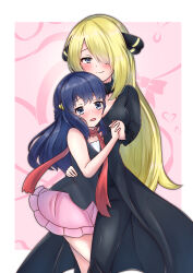 Rule 34 | 2girls, age difference, arm around waist, bare arms, between breasts, black headwear, black jacket, black pants, black shirt, black skirt, black trench coat, blonde hair, blue eyes, blue hair, blush, border, breasts, closed mouth, collarbone, creatures (company), cynthia (pokemon), dawn (pokemon), eyebrows hidden by hair, female focus, fur collar, fur cuffs, fur trim, game freak, hair ornament, hand on another&#039;s back, head between breasts, heart, highres, holding hands, interlocked fingers, jacket, long hair, long sleeves, looking at viewer, medium breasts, multiple girls, nintendo, onee-loli, open mouth, pants, pink background, pink skirt, pleated skirt, pokemon, pokemon dppt, red skirt, shirt, skirt, smile, standing, tank top, white border, yellow headwear, yuri