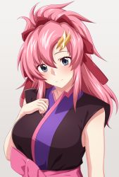 Rule 34 | 1girl, absurdres, blue eyes, breasts, gundam, gundam seed, gundam seed destiny, hair ornament, hair ribbon, hand on own chest, highres, japanese clothes, kimono, lacus clyne, long hair, looking at viewer, medium breasts, pink hair, ponytail, red ribbon, ribbon, shachoo., simple background, smile, solo, very long hair