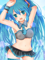 Rule 34 | 1girl, aqua eyes, aqua hair, armpits, arms up, bad id, bad pixiv id, breasts, collar, hatsune miku, long hair, midriff, natsusaki takashi, navel, necktie, nipples, no panties, open mouth, see-through, skirt, small breasts, solo, strapless, tube top, twintails, very long hair, vocaloid