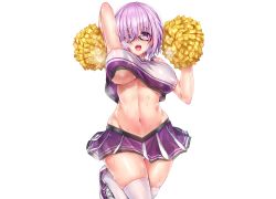 Rule 34 | 1girl, alternate costume, arm up, arms up, blue gk, breasts, cheerleader, curvy, fate/grand order, fate (series), glasses, highres, jumping, looking at viewer, mash kyrielight, navel, no bra, open mouth, panties, panty peek, pom pom (cheerleading), purple eyes, purple hair, shirt, short hair, simple background, solo, steam, steaming body, sweat, sweatdrop, thighhighs, underboob, underwear, wardrobe malfunction, wet, wet clothes, wet shirt, white background
