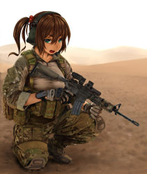 Rule 34 | 1girl, assault rifle, brown hair, camouflage, collarbone, desert, fang, finger on trigger, gloves, green eyes, gun, hair bobbles, hair ornament, headset, highres, holding, holding gun, holding weapon, horizon, jpc, knee pads, kneeling, load bearing equipment, looking at viewer, m4 carbine, military, military operator, military uniform, on one knee, open mouth, original, ponytail, pouch, rifle, sky, sleeves rolled up, soldier, solo, uniform, war, watch, weapon