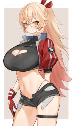 Rule 34 | 1girl, absurdres, arm behind back, bandaid, bandaid on face, belt, black belt, black shorts, black sweater, blonde hair, blush, breasts, chest strap, choco tanuki, cleavage cutout, clothing cutout, cropped jacket, crossed bangs, exposed pocket, fang, gloves, gradient hair, hair between eyes, hair ribbon, highleg, highleg panties, highres, jacket, large breasts, long hair, looking at viewer, midriff, multicolored hair, navel, nijisanji, nui sociere, nui sociere (5th costume), official alternate costume, open clothes, open jacket, open shorts, outside border, panties, pink hair, ponytail, puffy short sleeves, puffy sleeves, red gloves, red jacket, red ribbon, ribbed sweater, ribbon, short shorts, short sleeves, shorts, skin fang, skindentation, solo, stomach, string panties, sweater, thigh strap, underwear, very long hair, virtual youtuber, yellow eyes