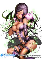 Rule 34 | 1girl, aile (crossroads), artist name, bare shoulders, bat wings, black hair, blush, breasts, brown thighhighs, chain, cleavage, demon girl, demon tail, elbow gloves, facial mark, fang, fingerless gloves, gloves, heart, juvel (soccer spirits), large breasts, long hair, official art, open mouth, purple eyes, purple gloves, simple background, single glove, smile, soccer spirits, solo, tail, thigh strap, thighhighs, watermark, wings