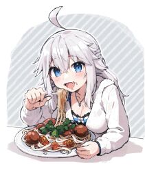 Rule 34 | 1girl, ahoge, auxiliary baka, blue eyes, blush, breasts, cleavage, codename: bakery girl, collarbone, eating, fang, food, food on face, fork, hair between eyes, holding, holding fork, hood, hood down, hoodie, jefuty (bakery girl), jewelry, long hair, looking at viewer, meatball, medium breasts, meme, necklace, open mouth, pasta, plate, reverse collapse (series), skin fang, smile, solo, spaghetti, spaghetti and meatballs, table, tamamo spaghetti (meme), upper body, white hair, white hoodie