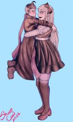 Rule 34 | absurdres, belt, blonde hair, blue background, blush, bow, danganronpa (series), height difference, highres, non-web source, scarf, size difference, smile, sonia nevermind, tall female, thighhighs