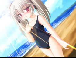 Rule 34 | 1girl, beach, blush, downhill night, downhill night 2, emily (pure dream), female focus, lens flare, looking at viewer, moero downhill night (series), moero downhill night 2, narukami kei, one-piece swimsuit, outdoors, red eyes, smile, solo, swimsuit, twintails, water, white hair