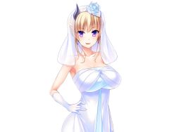 Rule 34 | 1girl, bare shoulders, blonde hair, blush, breasts, bridal veil, bride, cleavage, collarbone, cowboy shot, demon girl, dress, earrings, eyebrows, female focus, flower, game cg, gloves, hair flower, hair ornament, hair up, hand on own hip, horns, jewelry, large breasts, long hair, looking at viewer, mashouki tiruana haramase saimin, official art, parted lips, purple eyes, saxasa, simple background, smile, solo, standing, strapless, tiruana maglav, upper body, veil, wedding dress, white background, white gloves