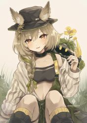 Rule 34 | 1girl, :d, animal ears, arknights, artist name, bandeau, bare shoulders, beanstalk (arknights), beanstalk (elite ii) (arknights), black choker, black hat, blush, braid, brown eyes, choker, commentary request, ears through headwear, fedora, feet out of frame, green ribbon, grey background, grey hair, grey shirt, hair between eyes, hair ribbon, hand up, hat, highres, infection monitor (arknights), long hair, looking at viewer, metal crab (arknights), midriff, nanatsuka, navel, off shoulder, open clothes, open mouth, open shirt, partial commentary, ribbon, shirt, signature, single braid, sitting, smile, solo, stomach, strapless, striped clothes, striped shirt, tube top, vertical-striped clothes, vertical-striped shirt