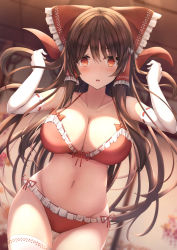 Rule 34 | 1girl, absurdres, bikini, blush, bow, breasts, brown eyes, brown hair, cleavage, collarbone, dutch angle, elbow gloves, frilled bikini, frilled bow, frills, gloves, hair bow, hair tubes, hakurei reimu, hands up, highres, large breasts, liya, long hair, looking at viewer, navel, open mouth, red bikini, solo, swimsuit, thighhighs, touhou, white gloves, white thighhighs