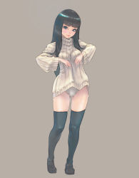 Rule 34 | 1girl, black eyes, black hair, black thighhighs, blush, breast lift, breasts, brown eyes, character request, clothes lift, grey background, lips, long hair, looking at viewer, original, panties, ribbed sweater, shirt lift, simple background, smile, solo, sweater, sweater lift, thighhighs, underwear, weno, white panties, zettai ryouiki