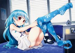 Rule 34 | 1girl, :o, alternate costume, ass, backlighting, bare arms, bare shoulders, bed, bed sheet, black footwear, blue hair, blue pantyhose, blunt bangs, blush, calendar (object), clothes pull, desk lamp, dress, feet, female focus, hayashi keita, head tilt, highres, indoors, kula diamond, lamp, legs up, light particles, long hair, nightstand, no panties, on bed, open mouth, pantyhose, pantyhose pull, photo (object), picture frame, pillow, red eyes, shoes, short shorts, shorts, sitting, sleeveless, sleeveless dress, snowflake print, solo, sunlight, tareme, the king of fighters, the king of fighters xiv, thighs, toe scrunch, undressing, unworn shoes, upskirt, very long hair, white dress, window, window blinds, window shutter