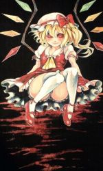 Rule 34 | 1girl, bad id, bad pixiv id, blonde hair, blush, female focus, flandre scarlet, frills, full body, lowres, mankintan, red eyes, side ponytail, skirt, solo, thighhighs, touhou, wings