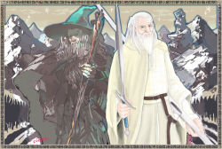 Rule 34 | 2boys, beard, belt, dual persona, facial hair, fantasy, gandalf, gandalf the grey, gandalf the white, grey hair, hat, landscape, tolkien&#039;s legendarium, male focus, medieval, middle earth, mountain, multiple boys, old, old man, robe, staff, sword, the lord of the rings, the return of the king, weapon, white hair, wizard, wizard (istari), wizard hat