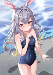 Rule 34 | 1girl, absurdres, animal ears, blue one-piece swimsuit, breasts, brown eyes, commentary request, competition school swimsuit, covered navel, cowboy shot, esuorder, grey hair, highres, indie virtual youtuber, looking at viewer, medium breasts, mochizuki himari, one-piece swimsuit, pool, poolside, rabbit ears, rabbit girl, school swimsuit, solo, standing, swimsuit, virtual youtuber