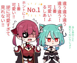 Rule 34 | 2girls, animal ears, black dress, black jacket, cat ears, cat girl, constricted pupils, detached collar, dress, eyepatch, fang, flying sweatdrops, ghost hair ornament, gloves, green hair, hair ornament, hololive, houshou marine, houshou marine (1st costume), jacket, low twintails, multiple girls, off shoulder, pout, red eyes, red hair, sakana (saka11205), sparkle, translated, twintails, uruha rushia, uruha rushia (3rd costume), virtual youtuber, white gloves