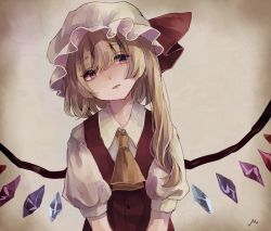 Rule 34 | 1girl, ascot, blonde hair, expressionless, flandre scarlet, hat, hat ribbon, head tilt, long hair, m (neteitai10), mob cap, puffy sleeves, red eyes, red ribbon, ribbon, side ponytail, solo, touhou, upper body, vest, white hat, wings