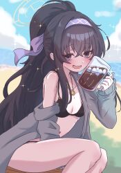 Rule 34 | 1girl, bags under eyes, beach, bikini, black bikini, black cardigan, black hair, blue archive, blue eyes, blue sky, breasts, cardigan, cloud, cup, day, drinking glass, giorgio (yo sumire sola1), hairband, halo, highres, holding, holding cup, jewelry, long hair, looking at viewer, medium breasts, necklace, ocean, official alternate costume, open cardigan, open clothes, open mouth, outdoors, ponytail, purple hairband, sand, sitting, sky, smile, solo, swimsuit, ui (blue archive), ui (swimsuit) (blue archive)