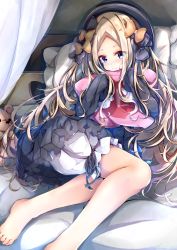Rule 34 | 1girl, abigail williams (fate), absurdres, barefoot, bed, bed sheet, black bow, black dress, black hat, blonde hair, bloomers, blue eyes, bow, bug, butterfly, canopy bed, closed mouth, comic, cucchiore, dress, fate/grand order, fate (series), forehead, hair bow, hands up, hat, head tilt, heart, highres, hugging object, insect, light smile, long hair, long sleeves, looking at viewer, lying, on side, orange bow, parted bangs, pillow, pillow hug, polka dot, polka dot bow, sleeves past fingers, sleeves past wrists, solo, stuffed animal, stuffed toy, teddy bear, underwear, very long hair, white bloomers, yes-no pillow