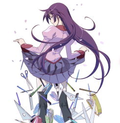 Rule 34 | 00s, 1girl, bakemonogatari, black thighhighs, blush, boxcutter, cherry blossoms, clothes lift, eraser, from behind, kneepits, knife, lifted by self, long hair, looking at viewer, looking back, monogatari (series), official art, pen, petals, purple hair, ruler, school uniform, scissors, senjougahara hitagi, senjougahara pose, simple background, skirt, skirt lift, solo, source request, stapler, stationery, thighhighs, utility knife, watanabe akio, white background, zettai ryouiki