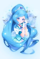 Rule 34 | 1girl, 2020, aoi itou, blue background, blue eyes, blue flower, blue hair, blue neckwear, blue rose, blue theme, blue vest, choker, closed mouth, cure fontaine, floral background, flower, gloves, hair ornament, healin&#039; good precure, heart, heart hair ornament, highres, long hair, looking at viewer, magical girl, own hands together, ponytail, precure, rose, sawaizumi chiyu, signature, simple background, skirt, smile, solo, upper body, vest, white gloves, white skirt