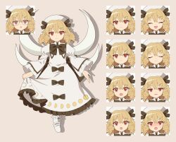 Rule 34 | 1girl, 4rion, absurdres, blonde hair, blush, bow, dress, drill hair, expressions, fairy, fairy wings, glasses, hat, highres, holding, holding clothes, holding dress, long sleeves, luna child, moon phases, red eyes, ribbon, short hair, smile, touhou, wings
