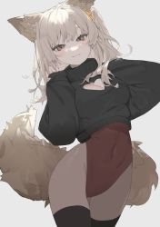 Rule 34 | 1girl, animal ears, annytf, blonde hair, breasts, brown eyes, cleavage cutout, clothing cutout, commission, covered navel, fox ears, fox girl, fox tail, highleg, highleg leotard, indie virtual youtuber, large breasts, leotard, long hair, long sleeves, looking at viewer, mukakeruni66, skeb commission, solo, star (symbol), tail, thighhighs, thighs, virtual youtuber, white background