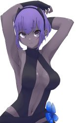 Rule 34 | 1girl, armpits, arms behind head, arms up, bare shoulders, black eyes, black gloves, black hairband, black leotard, breasts, center opening, closed mouth, colored skin, dark-skinned female, dark skin, fate/prototype, fate/prototype: fragments of blue and silver, fate (series), fingerless gloves, flower, gloves, grey skin, hair between eyes, hairband, hassan of serenity (fate), highres, large breasts, leotard, looking at viewer, navel, niwaikanai, purple hair, short hair, simple background, solo, white background
