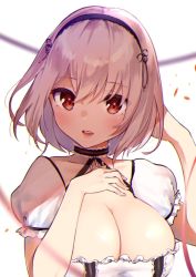 Rule 34 | 1girl, anchor choker, azur lane, black choker, breasts, choker, cleavage, commentary request, frilled sleeves, frills, hairband, kodama (koda mat), lace-trimmed choker, lace trim, large breasts, looking at viewer, open mouth, orange eyes, parted lips, puffy short sleeves, puffy sleeves, short hair, short sleeves, silver hair, sirius (azur lane), solo, teeth, upper body, upper teeth only