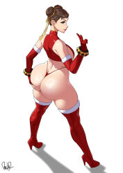 Rule 34 | 1girl, absurdres, ass, ass grab, brown eyes, brown hair, butt crack, capcom, chun-li, curvy, earrings, full body, grabbing own ass, high heels, highres, huge ass, jewelry, lips, parvad, shadow, shiny skin, simple background, smile, solo, standing, street fighter, thong, v, wide hips