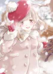 Rule 34 | 1girl, absurdres, animal, animal on shoulder, arm at side, arm up, bare tree, bench, beret, blurry, blush, breath, brown eyes, coat, commentary request, day, depth of field, fur-trimmed collar, fur-trimmed sleeves, fur trim, gloves, hat, head tilt, highres, hoshiibara mato, long hair, long sleeves, looking at viewer, open mouth, original, outdoors, overcast, park bench, pom pom (clothes), red gloves, red hat, red skirt, silver hair, skirt, sky, snow, snowing, solo, squirrel, tree, upper body, winter, winter clothes, winter coat
