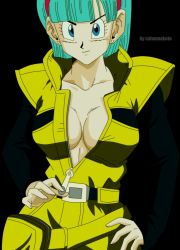 Rule 34 | 1girl, blue eyes, blue hair, breasts, bulma, cleavage, dragon ball, dragonball z, hairband, hand on own hip, jacket, looking at viewer, no bra, open clothes, open jacket, short hair, simple background, smile, smug, standing, tagme