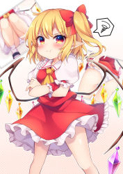Rule 34 | 1girl, :t, absurdres, ascot, ass, black footwear, blonde hair, blush, bow, commentary request, crossed arms, crystal, feet out of frame, flandre scarlet, frilled shirt collar, frills, hair bow, halftone, halftone background, highres, knees up, looking at viewer, mary janes, miniskirt, miy@, multiple views, no headwear, one side up, outline, panties, petticoat, pink background, pointy ears, puffy short sleeves, puffy sleeves, red bow, red eyes, red skirt, red vest, shoes, short hair, short sleeves, sidelocks, sitting, skirt, skirt set, spoken squiggle, squiggle, standing, thighs, touhou, underwear, vest, white background, white outline, white panties, wings, wrist cuffs, yellow ascot