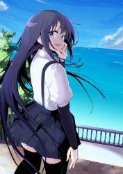 Rule 34 | 10s, 1girl, arm warmers, asashio (kancolle), black hair, black thighhighs, blue eyes, blue sky, cloud, commentary, cowboy shot, day, hand on own cheek, hand on own face, kantai collection, lefthand, long hair, looking at viewer, ocean, open mouth, outdoors, pavement, pleated skirt, railing, round teeth, school uniform, shirt, short sleeves, skirt, sky, smile, solo, suspenders, teeth, thighhighs, tree, white shirt