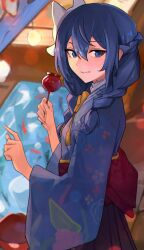 Rule 34 | 1girl, :d, blue eyes, blue hair, blue kimono, blush, candy, candy cane, food, from side, hair between eyes, hair over shoulder, highres, holding, hololive, hoshimachi suisei, hoshimachi suisei (new year), japanese clothes, kimono, long sleeves, looking at viewer, looking to the side, mask, mask on head, open mouth, smile, solo, vergil mon, virtual youtuber, wide sleeves, yukata