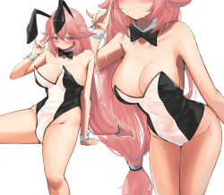 Rule 34 | 1girl, absurdres, bare arms, bare shoulders, black bow, black bowtie, blush, bow, bowtie, breasts, cameltoe, cleavage, closed mouth, detached sleeves, fox shadow puppet, genshin impact, groin, hair between eyes, head out of frame, highres, kebohan, large breasts, leaning forward, leotard, long hair, looking at viewer, meme attire, multiple views, pink hair, playboy bunny, purple eyes, sitting, smile, standing, strapless, strapless leotard, sweat, translucent bunnysuit, two-tone leotard, very long hair, wrist cuffs, yae miko