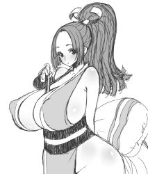 Rule 34 | 1girl, between breasts, breasts, curvy, female focus, gigantic breasts, hand fan, hip focus, japanese clothes, long hair, monochrome, nipples, no bra, poin (hidsuki), ponytail, puffy nipples, shiranui mai, sideboob, simple background, snk, solo, standing, the king of fighters, wide hips