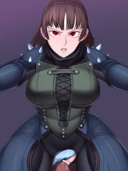 Rule 34 | 1girl, akx90000, bodysuit, brown hair, clenched teeth, clothing aside, cum, cum in pussy, lace, leaning forward, niijima makoto, panties, panties aside, persona, persona 5, red eyes, sex, shoulder spikes, skin tight, solo focus, spikes, sweat, teeth, thick thighs, thighs, torn clothes, underwear, vaginal