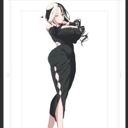 Rule 34 | arm tattoo, bare shoulders, black dress, black hair, blowing kiss, breasts, cleavage, clothing cutout, dress, flower tattoo, goddess of victory: nikke, heart, huge breasts, long hair, looking at viewer, morino koara, multicolored hair, nail polish, off-shoulder dress, off shoulder, official alternate costume, one eye closed, parted hair, red eyes, rosanna (nikke), split-color hair, tattoo, white hair